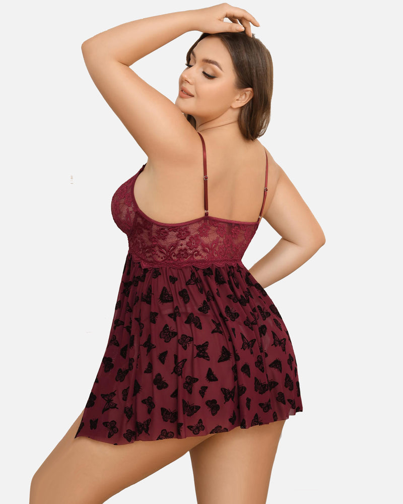 Plus Size Burgundy Lace Babydoll with Butterfly Print and High Slit lingerie
