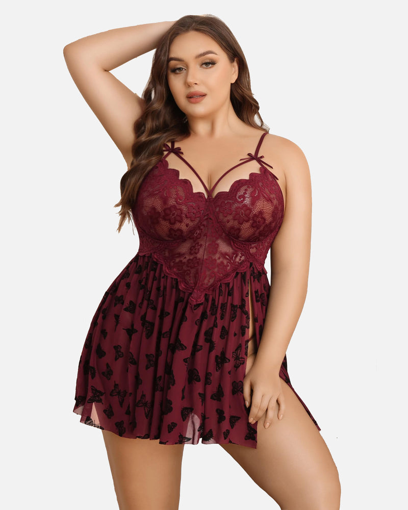 Plus Size Burgundy Lace Babydoll with Butterfly Print and High Slit