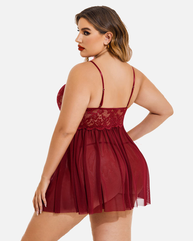 Plus Size Burgundy Babydoll Lingerie with Lace and Mesh Details