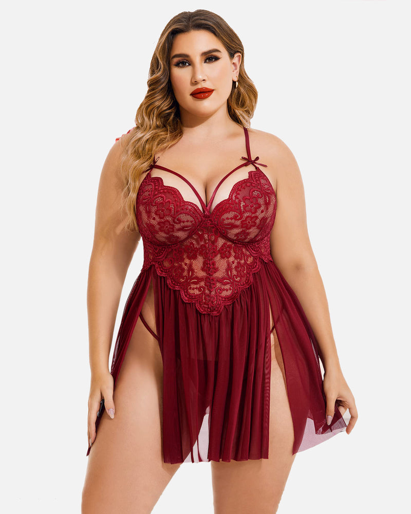 Plus size red lace babydoll lingerie with high slit and adjustable straps