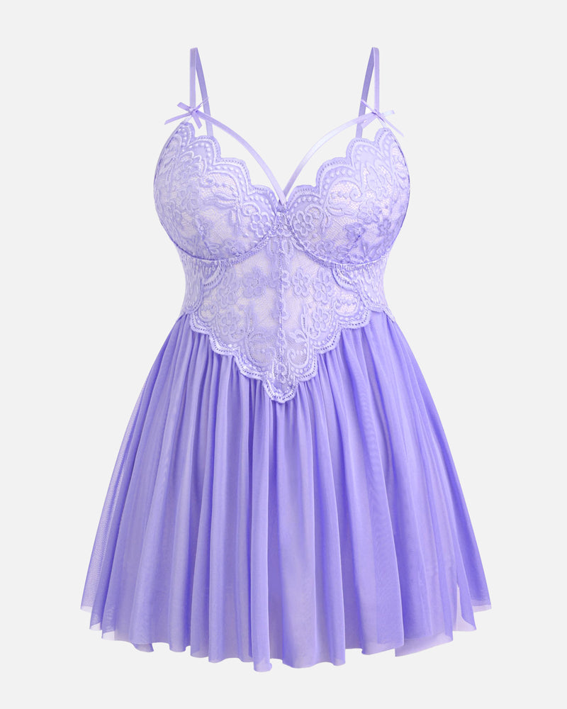 Plus Size Lavender Babydoll Lingerie with Lace Cups and Mesh Skirt