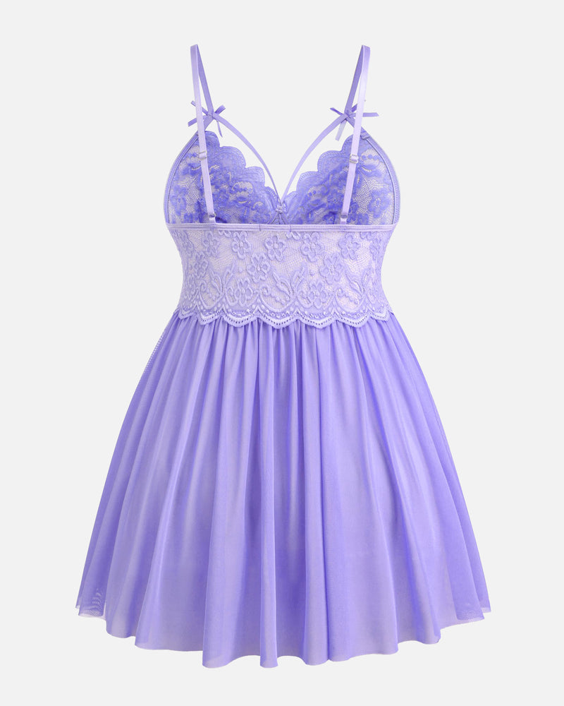 Lavender plus size babydoll lingerie with lace cups and mesh skirt, adjustable straps