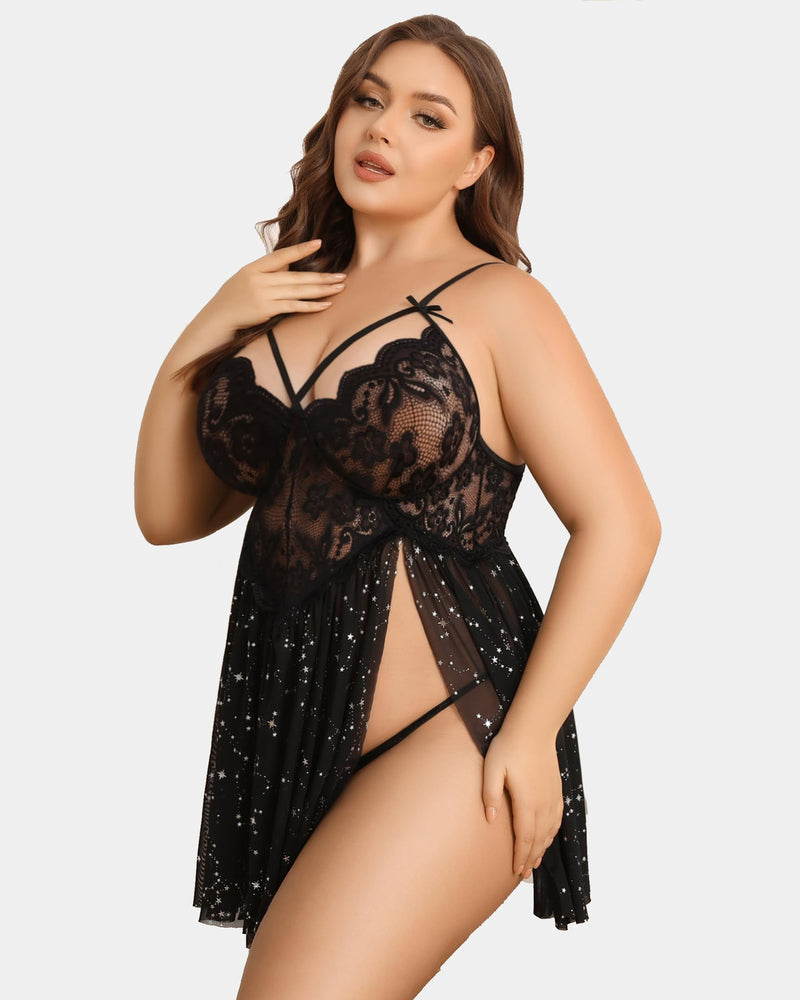 Plus size black lace babydoll lingerie with star print, high slit, and adjustable straps