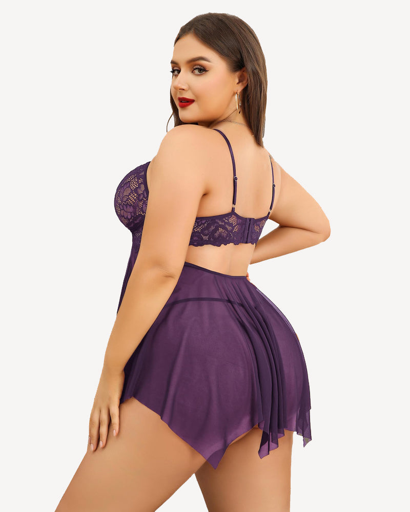 Plus Size Purple Lace Babydoll Lingerie Set with Adjustable Straps and Asymmetrical Hem