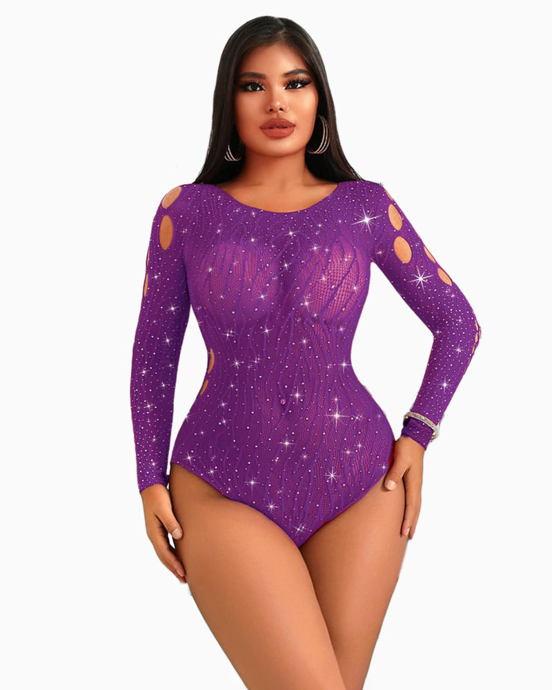 Purple rhinestone fishnet bodysuit, long sleeve, cut-out design, sexy lingerie