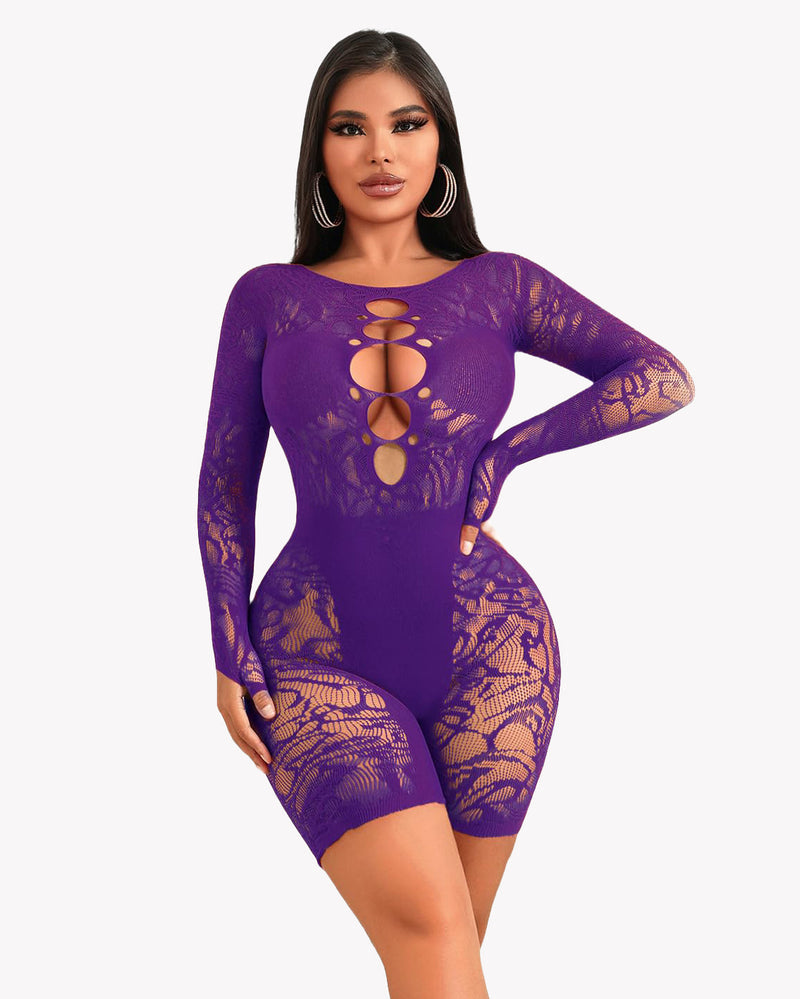 Purple fishnet bodysuit with lace cutout, enhancing curves, perfect for sexy lingerie