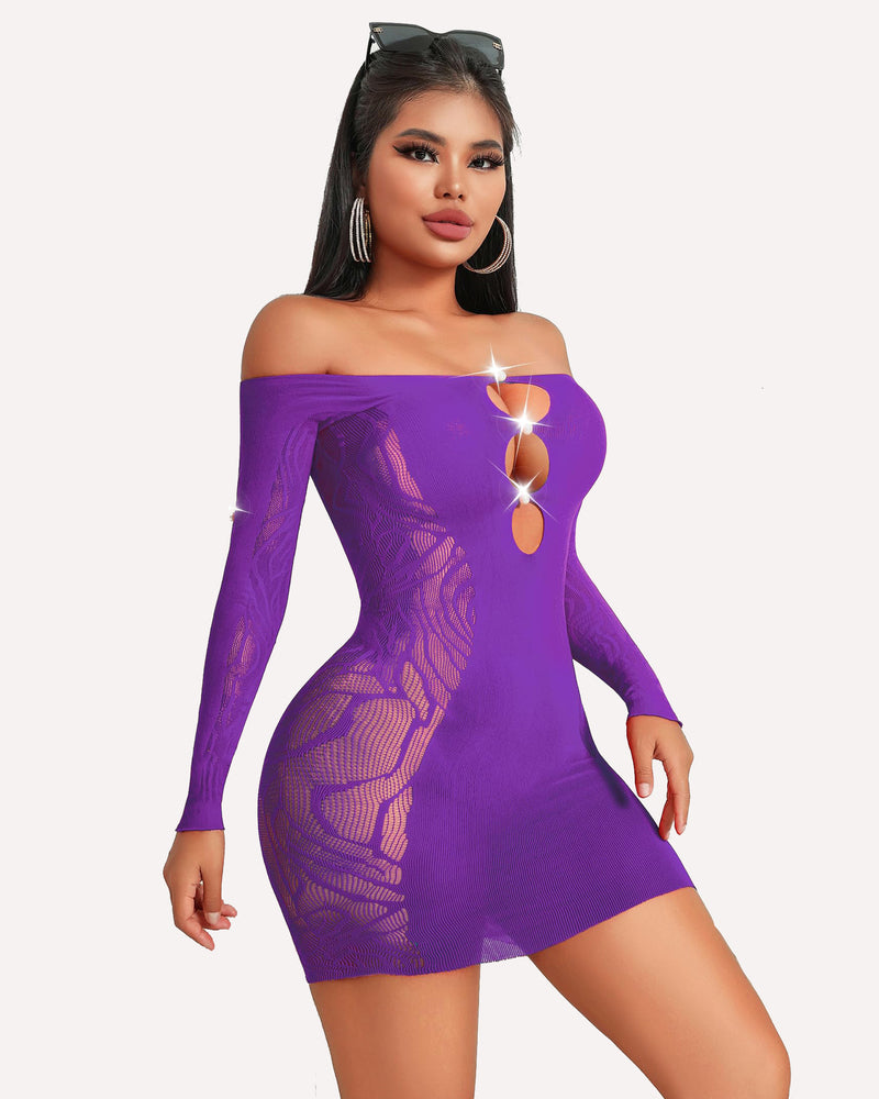 Purple fishnet off-shoulder mini dress. Mesh details, bodycon fit for lingerie style.