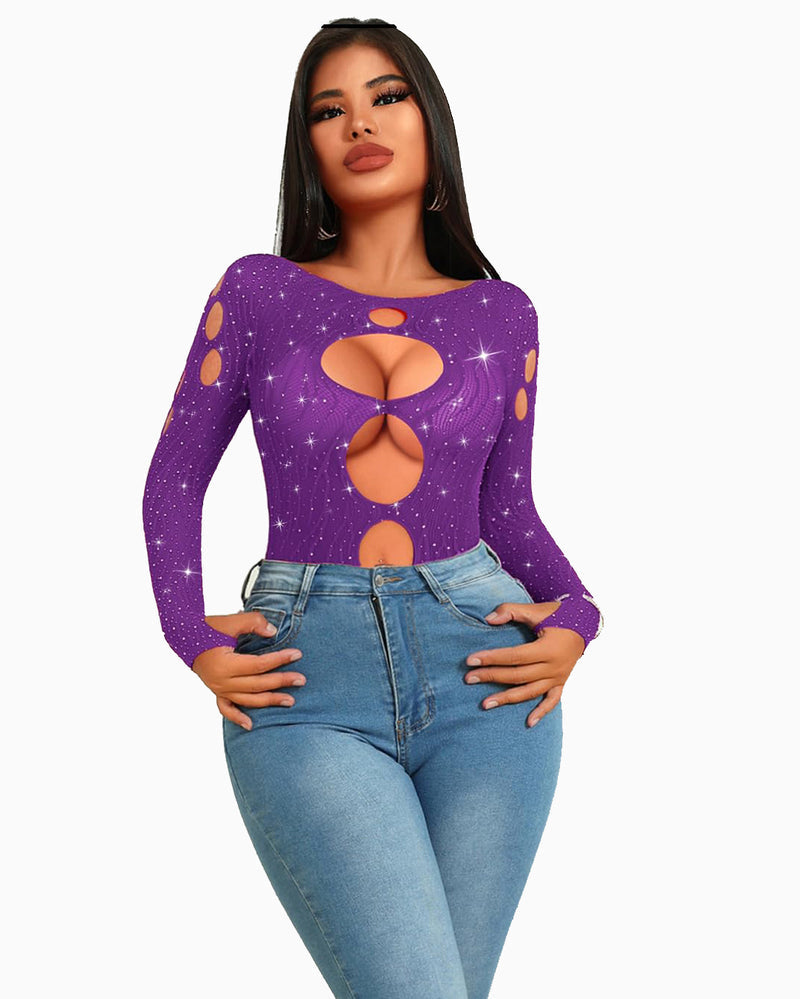 Rhinestone fishnet bodysuit; purple with cut-out design, long sleeves; sexy lingerie for women