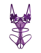 Purple floral lace teddy with satin bow underwire cups and strappy cutouts
