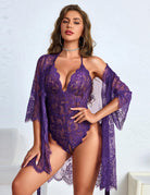 Purple lace teddy bodysuit and matching sheer robe