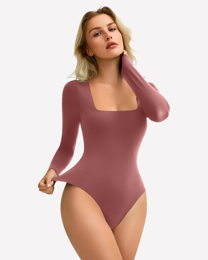 Dusty rose square neck bodysuit, stretchy and form-fitting, shows bodyline, perfect layering piece
