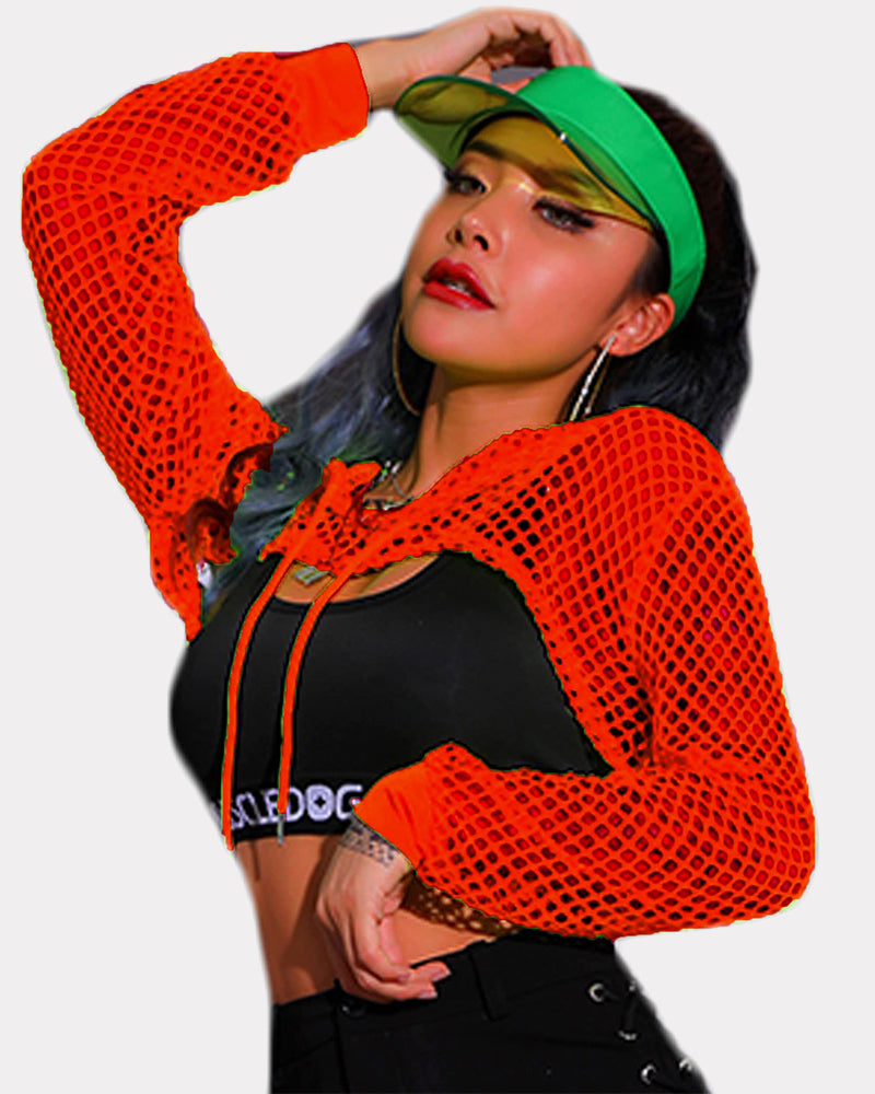 Orange mesh hoodie crop top with black bra and green visor. Sexy Avidlove lingerie.