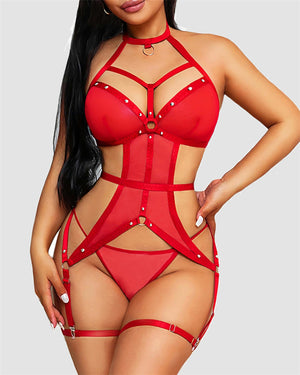 Mesh Cut Out Ring Linked Teddy with Garter Belt