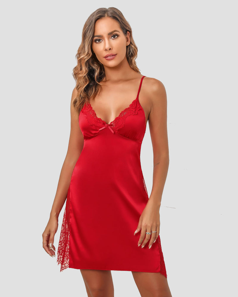 Red satin V-neck chemise with lace trim and adjustable straps. Avidlove nightgown for women.