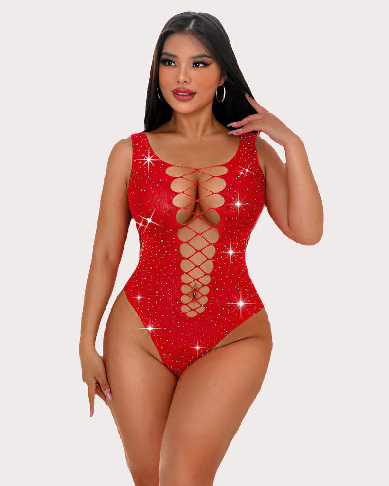 Red rhinestone fishnet bodysuit. Sexy lingerie with lace-up design for women.