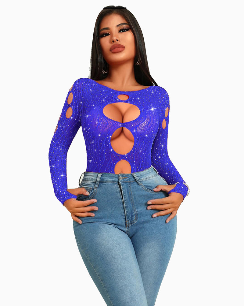 Royal blue rhinestone fishnet bodysuit with cut-out design; sexy lingerie for women, long sleeve