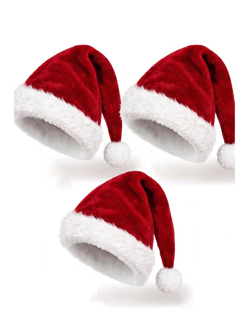 Three red Santa hats with white faux fur brims and pom-poms