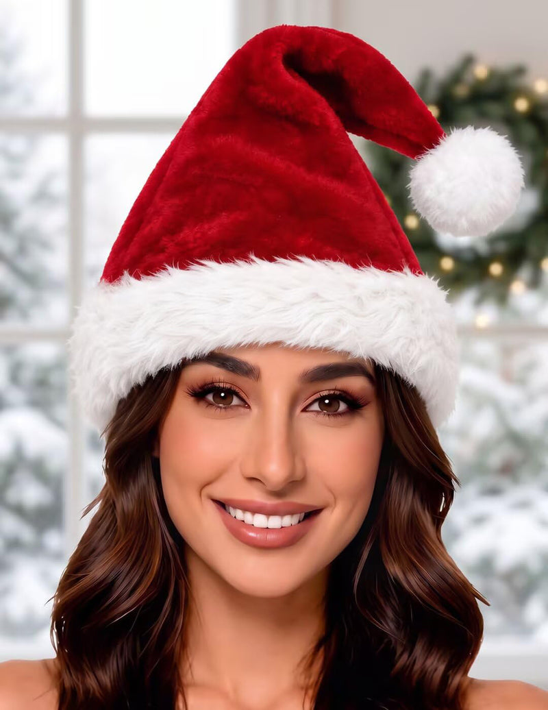 Red Santa hat with white faux fur brim and pom-pom, shown on a model