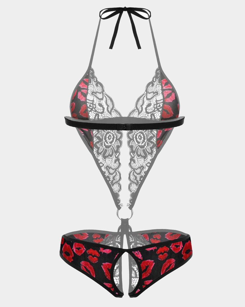 Black lace halter bodysuit with red lips print, open back brief; Sexy lingerie for women