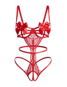 Red floral lace teddy with satin bow underwire cups and strappy cutouts