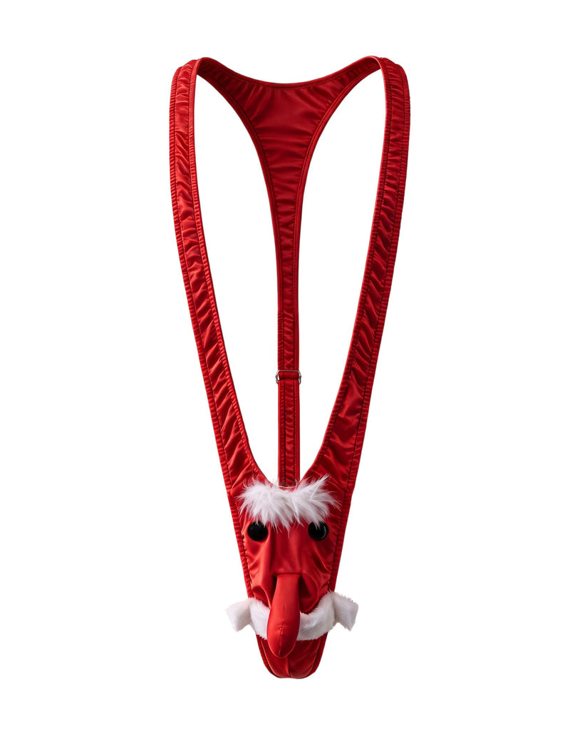 Red reindeer mankini thong with white faux-fur trim and a novelty face