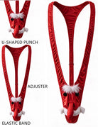 Red reindeer mankini thong with adjustable straps, elastic bands, and novelty face detail