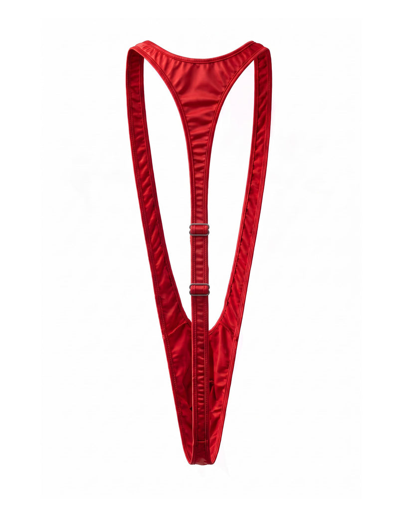 Red mankini thong with narrow straps and adjustable center bands