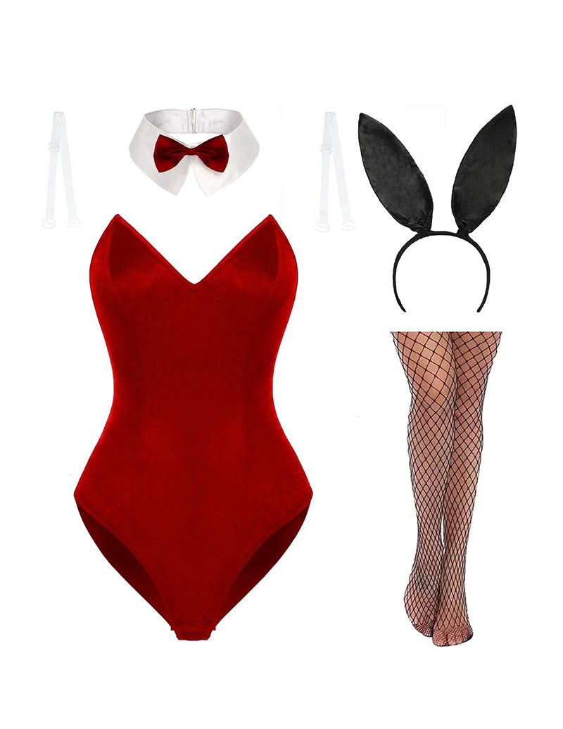Red velvet bunny bodysuit with bow collar, ear headband, and fishnet stockings