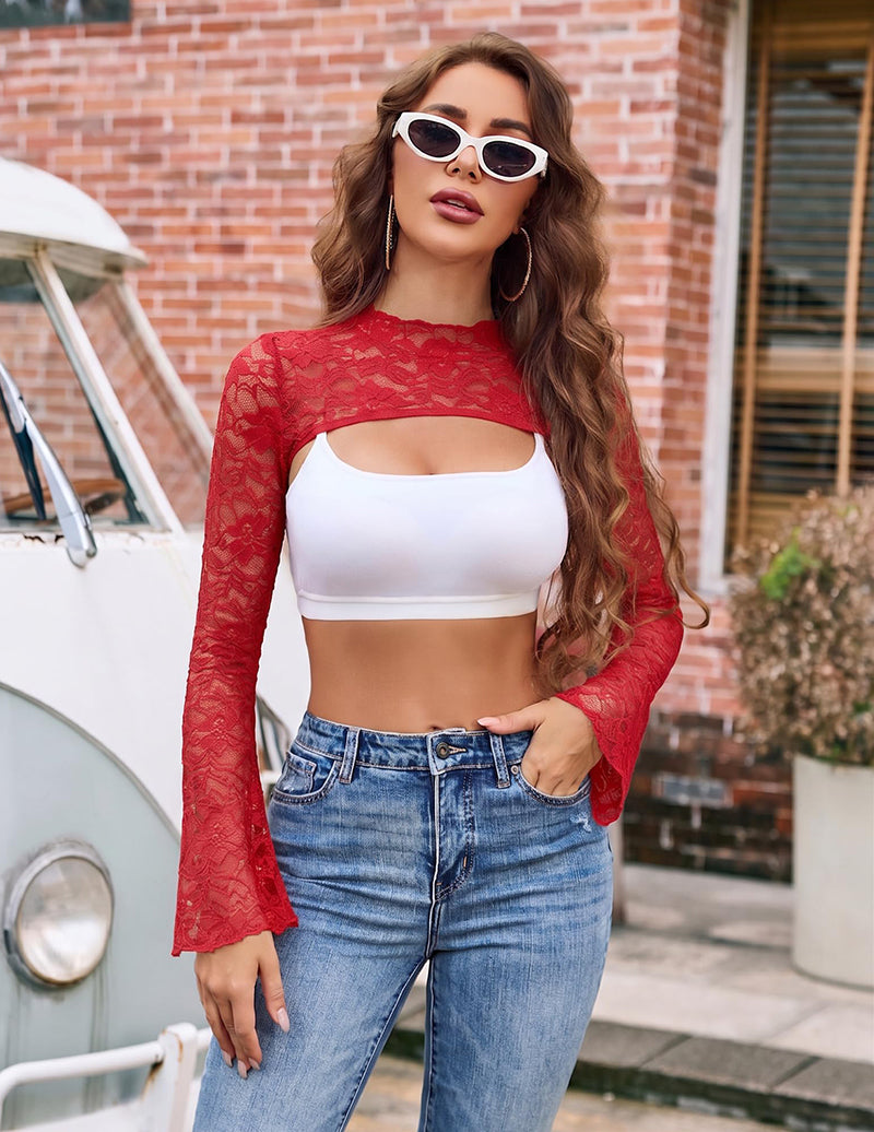 Red floral lace mesh long-sleeve crop top with chest cut-out