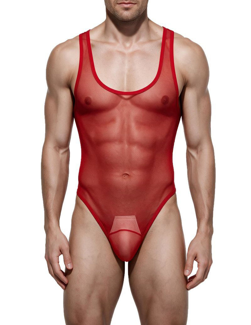 Red sheer mesh thong bodysuit with matching red trim, low-cut front