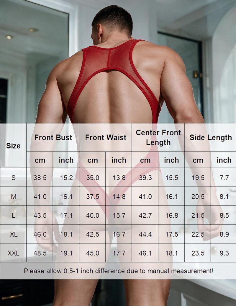 Red sheer mesh thong bodysuit with open back and racerback straps
