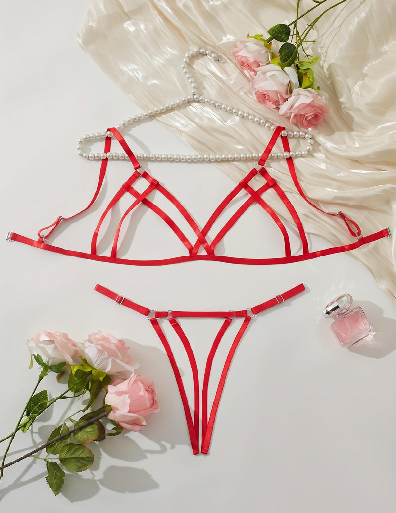 Red strappy bra and thong set with criss-cross cup details