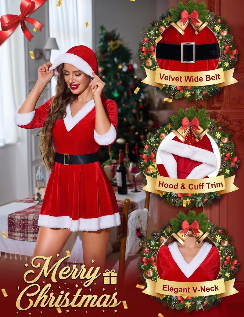 Red velvet mini dress with V-neck, white trim, hood, and black belt