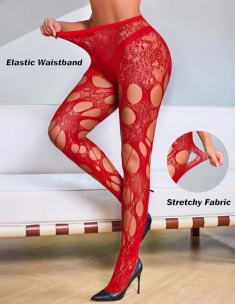 Red floral lace fishnet tights stretched at the waistband, showing large cutouts