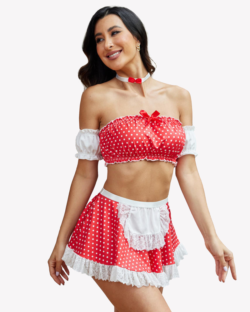 Red polka-dot Contrast Lace Maid Set with lace trim, crop top and mini skirt; charming lingerie