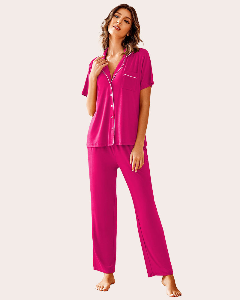 Magenta pajama set: Button-down shirt, long pants with white trim. Comfortable sleepwear.