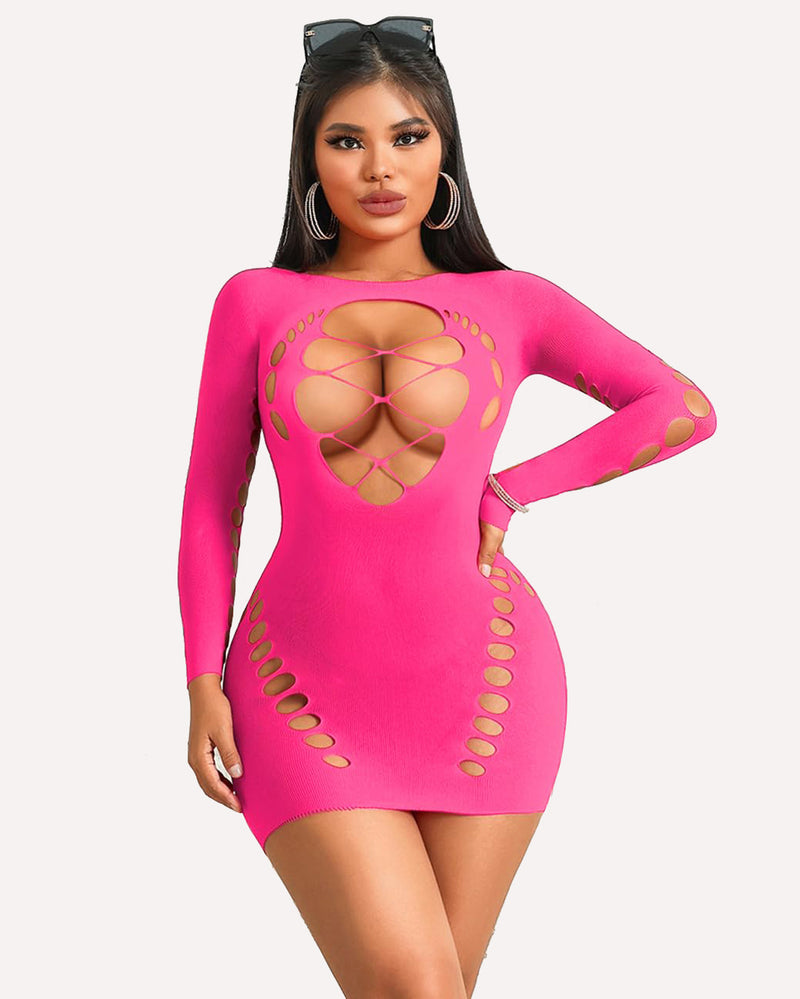 Hot pink fishnet mini dress with cut-out design. Avidlove sexy lingerie for women.