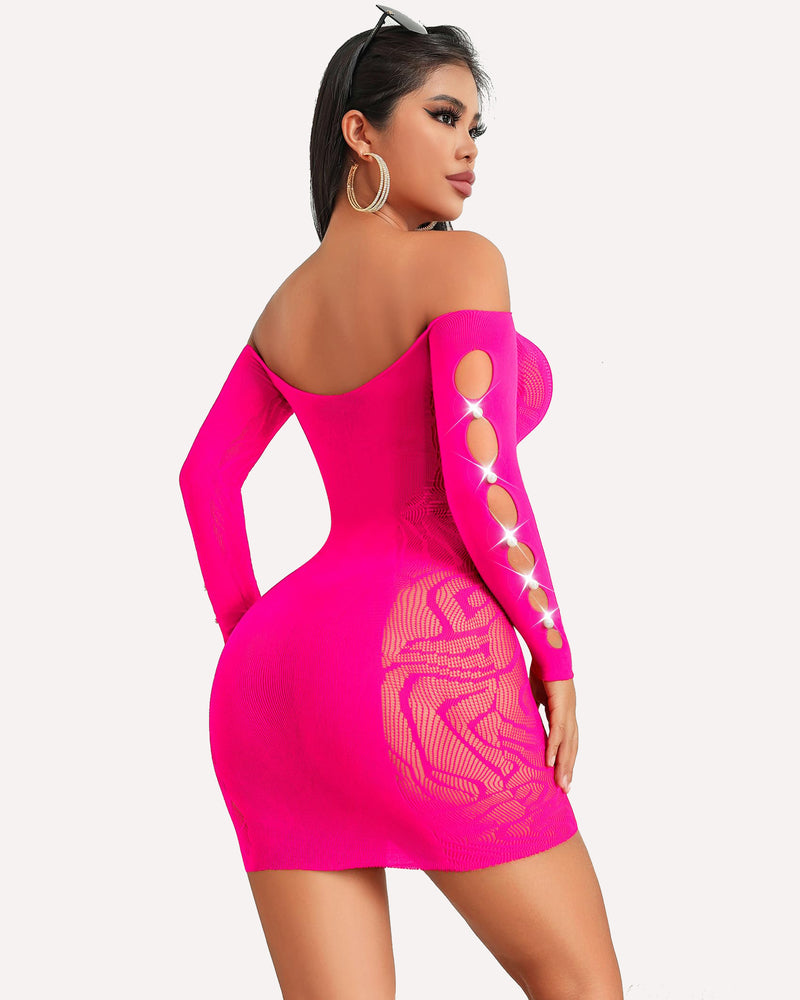 Neon pink fishnet off-shoulder mini dress with cutout sleeves, bodycon fit, lingerie style.