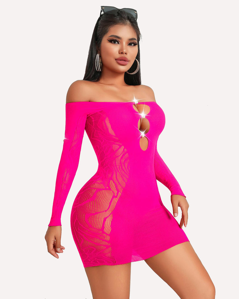 Neon pink fishnet mini dress with cutout detail, off-shoulder design, bodycon fit lingerie.