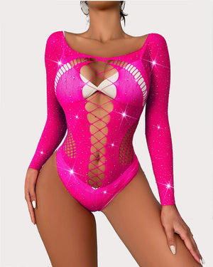 long sleeve mesh rhinestone bodysuit sparkle fishnet lingerie