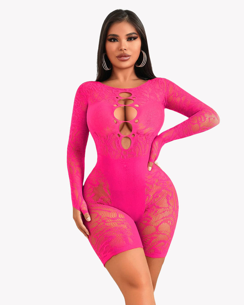 Hot pink fishnet bodysuit with chest cutout and lace detailing. Perfect sexy lingerie.