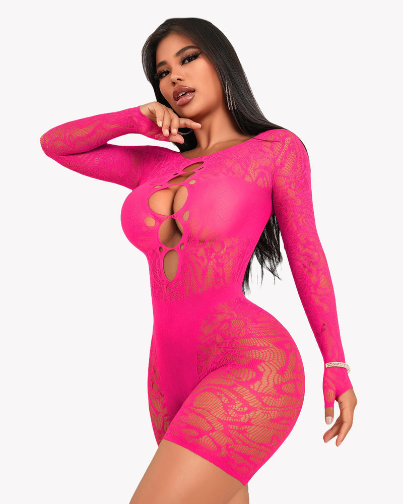 Pink fishnet teddy dress with chest cutout. Sexy lingerie for women, enhancing curves.