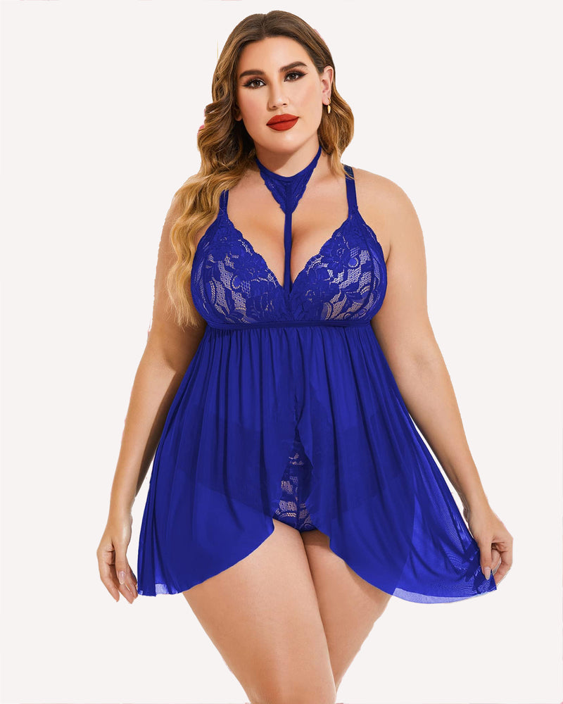 Plus size blue lace babydoll lingerie with mesh overlay and removable choker.