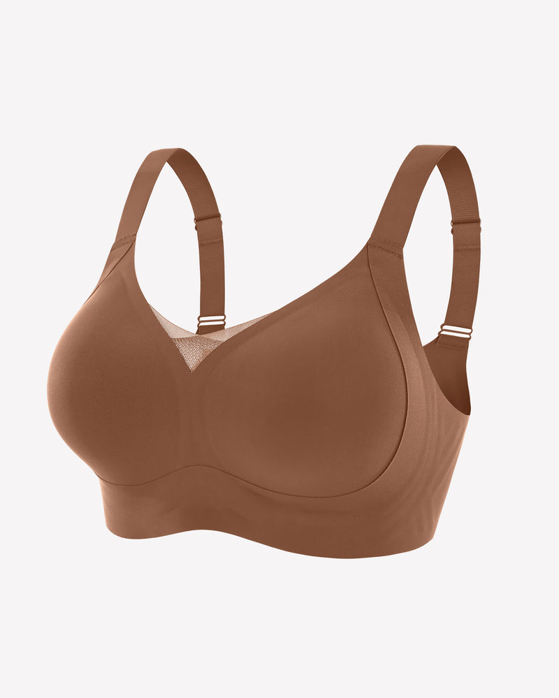 Brown wireless push-up bra, comfortable support and natural shape, skin-friendly material.
