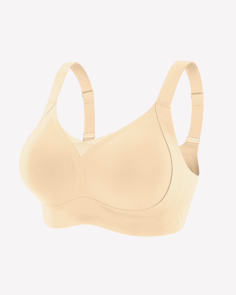 Beige wireless push-up bra, comfortable support and natural shape.