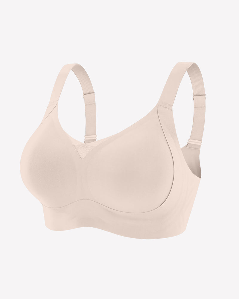 Beige wireless push-up bra, comfortable support and natural shape, skin-friendly material.