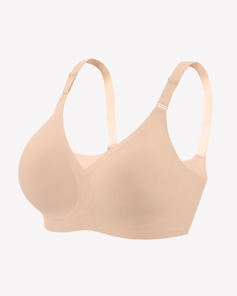 Beige wireless push-up bra, V-neck, full coverage, seamless smoothing, comfortable support.