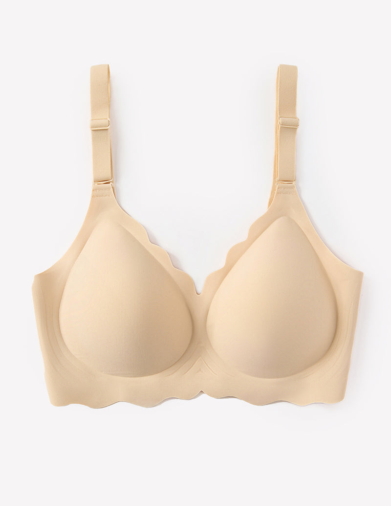 Beige wireless full coverage push up bra with scalloped edge, soft nylon, comfortable fit