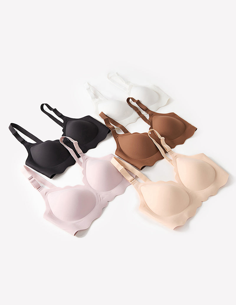 Wireless full coverage push up bras in multiple colors, scalloped edge design