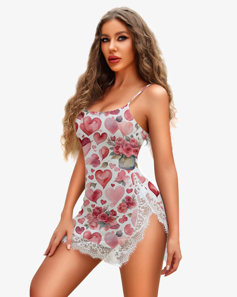Heart Rose Lace Mini Dress, watercolor heart pattern, side slit, Avidlove lingerie